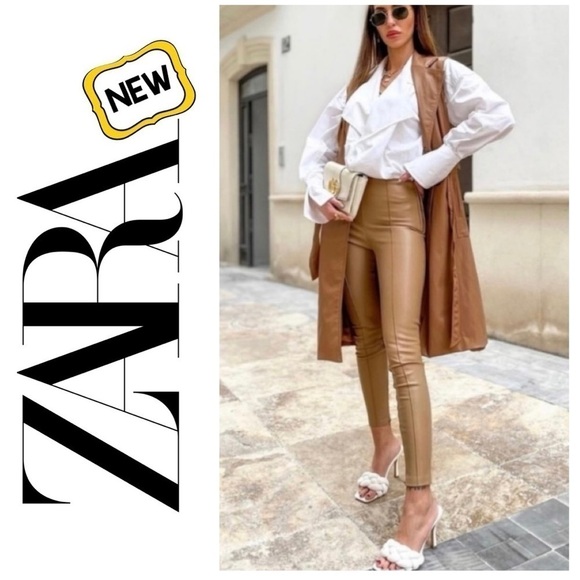 ZARA Tan Faux Leather Leggings Vegan Skinny Pants Hi-Rise Ankle Slit Women’s S - Picture 1 of 16
